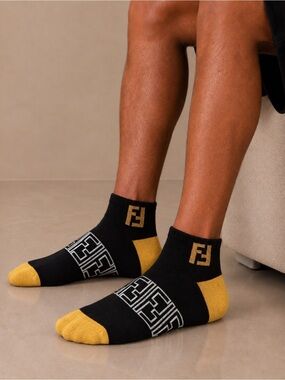 Fendi Black and Gold Logo Quarter Athletic Socks